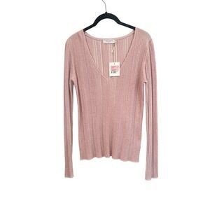 Majestic Filatures V Neck Ribbed Metallic Knit Long Sleeve Top Petale Size 4